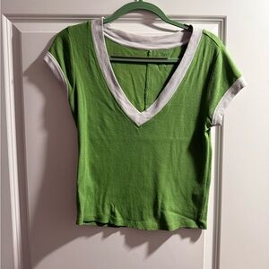 Pilcro Green and White Color Block Short Sleeve V-Neck Tee